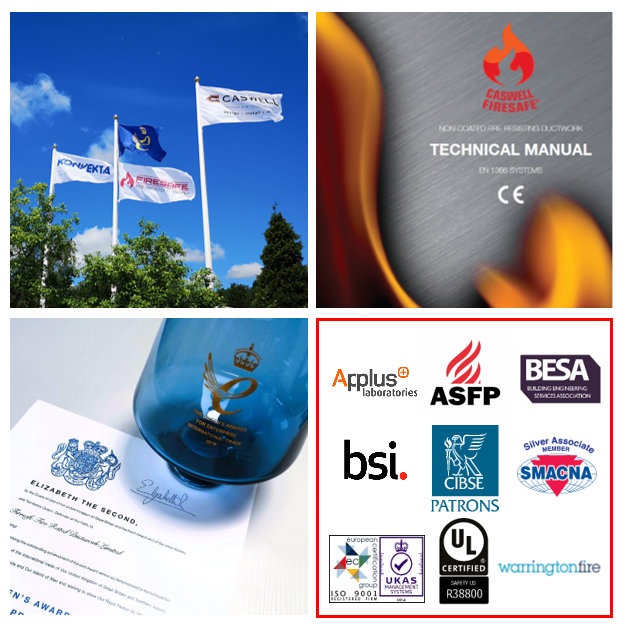 Firesafe. Who We Are. Multi image of Queen's Award, Associations and Flags